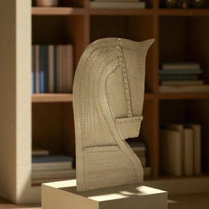Puede incluir: Una escultura crema de la cabeza de un caballo, con texturas talladas detalladas y un diseño estilizado. La escultura está montada sobre una base cuadrada blanquecina, con una estantería de madera al fondo.