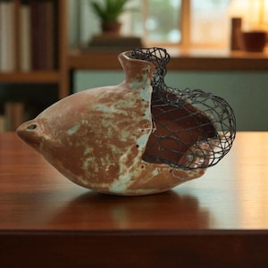 Puede incluir: Un jarrón de cerámica artesanal con forma de pez. Predominan los tonos marrones con detalles azul-verdosos y una jaula de alambre negro. Se encuentra sobre una superficie de madera oscura, ideal para decoración.