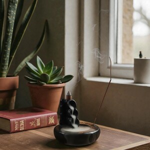 May include: A black ceramic incense burner with cascading smoke, a lit incense stick, and a red book on a wooden surface. Potted plants and a small white candle holder sit near a window, creating a serene, natural ambiance.