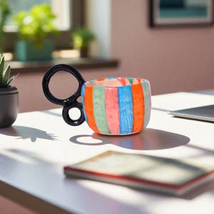 Handmade Striped Ceramic Mug with Black Handle – Colorful Single Cup, 200 ml