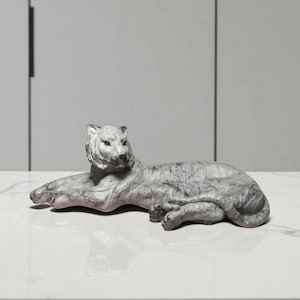 Handmade Reclining Grey Tiger Statue with Gold Details – Unique 50 cm Table Decor