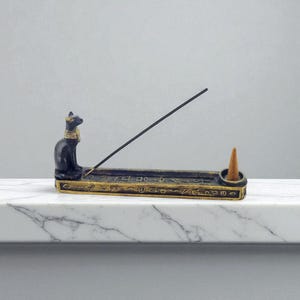 Sacred Cat Incense Holder – Egyptian Gold Cone & Stick Burner