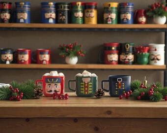Nutcracker Mug Set, Stackable Christmas Coffee Cups, Holiday Ceramic Gift