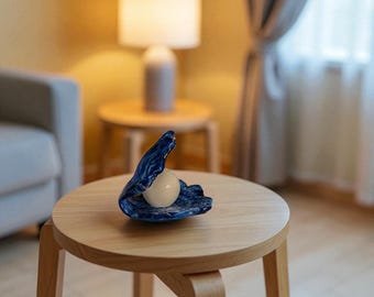 Decoração de concha de ostra feita à mão – Acessório de pérola de vidro de 14 cm – Arte costeira azul-marinho e branco