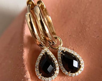 Black Diamond Pear Cut Drop Earrings, 14k Yellow Gold Hoop, Lever Back Lock