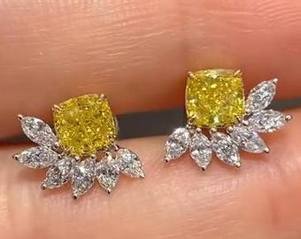 Canary Yellow Cushion Cut Stud Earrings, Marquise, 14K White Gold
