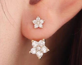 Star Shape Round Cut Moissanite Drop Earrings, 14k Yellow Gold, Minimalist Look