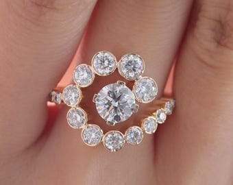 Flower Swirl Bezel Set Brilliant Round Cut White Moissanite Ring, 14K Yellow Gold