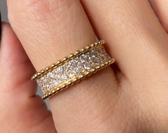 Beaded Cluster Round Diamond Band, 14k Yellow Gold, Thick Stacking Ring
