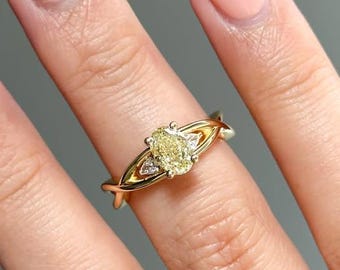 Fancy Canary Yellow Moissanite Ring, 14k Yellow Gold twisted Band, Anniversary Gift, for her