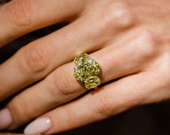 Fancy Intense Yellow Oval Moissanite Trinity Ring: 14K Gold, Anniversary Gift
