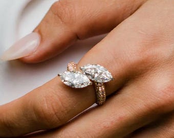 Marquise Cut Moissanite Pointer finger Two Stone Ring ,Two-Tone Gold, Anniversary Gift for her