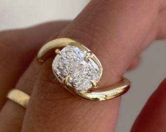 Rotated Elongated Cushion Cut Moissanite Solitaire Ring, 14k Yellow Gold Bypass Band