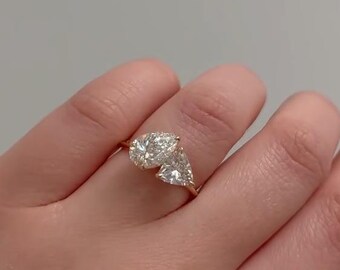 Pear and Trillion Cut Moissanite Toi et Moi Ring - 14k Yellow Gold, Anniversary Ring