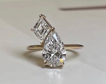 2ct Pear Cut Moissanite Ring with 0.50ct Lozenge Cut, 14K Yellow Gold Toi et Moi Engagement Ring, Unique Two Stone Bridal Ring