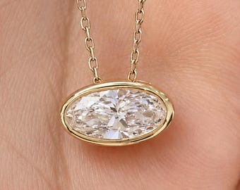 Oval Cut Vintage White Moissanite East-West Pendant Setting with gold chain, 14k Yellow Gold