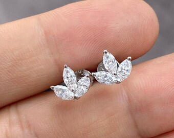 Marquise Cut Cluster Studs, 14K White Gold, Minimalist Anniversary Gift