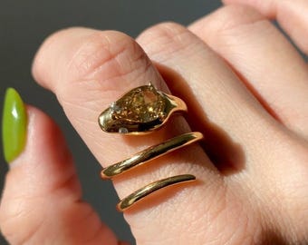 Raw Brown Pear Shape Snake Moissanite Ring, Gold Wrap Organic Gemstone Ring, Minimalist Boho Jewelry Gift for Her