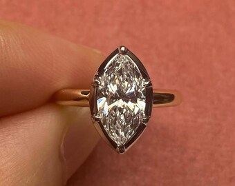 Marquise Cut Modern White Moissanite Two-tone Solitaire Ring,  14k White-Yellow gold setting