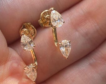 Inverted Pear Moissanite Drop Earrings, 14k Yellow Gold, Minimalist Look
