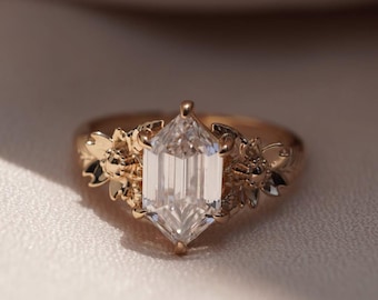 Elongated Hexagon Moissanite Ring, 14k Yellow Gold Floral Carved Band