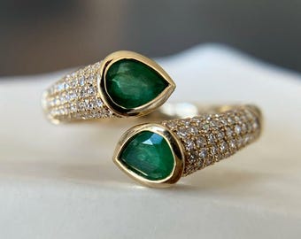 Open Emerald Toi Et Moi Moissanite Ring, 14K Yellow Gold, Gift for her