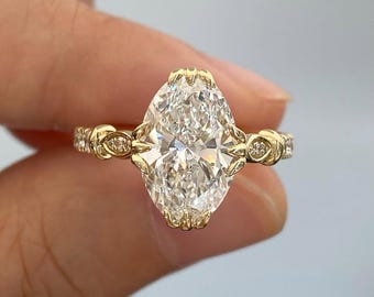 Brilliant Oval Cut Moissanite Engagement Ring, 14k Yellow Gold Carved Band