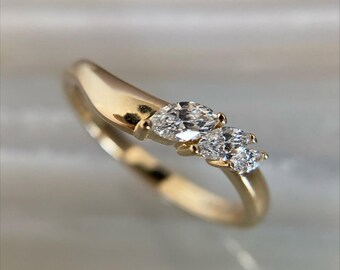 Curved Three Marquise Modern White Moissanite Ring, 14k Yellow gold Waved Band