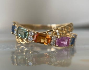 Criss Cross Multi Sappire Band , 14K Yellow Gold