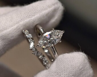 Marquise Cut Moissanite Engagement Ring: 14k White Gold Marquise & Round Band, Gift for her