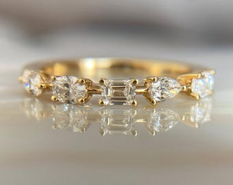 Multi Shape Diamond Wedding Band, Mixed Cut Eternity Ring, Yellow Gold Stackable Band
