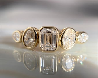 Multi Shape Bezel Half Band • 14K Yellow Gold • Moissanite Stacking Ring