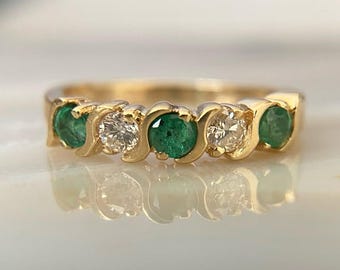 Vintage Emerald And Round Cut Half Eternity Band • 14K Yellow Gold Moissanite Stacking Ring