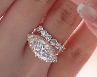Marquise Cut Moissanite Engagement Ring with Shimmering Halo: 14k Yellow Gold Round Band, Gift for her