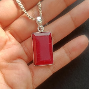 Handmade Rectangle Ruby / Red Beryl Gemstone Pendant in Sterling Silver Necklace Jewelry