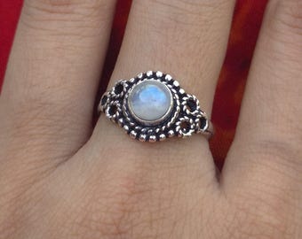925 Sterling Silver, Natural Rainbow Moonstone Ring, Round Gemstone, Vintage Beaded Style