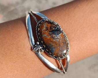 Handgemachter Oval Pietersit Armreif | 925 Sterling Silber Manschette Edelstein Schmuck