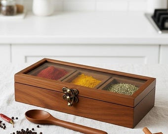 Wooden Spice Box with Glass Lid, Masala Dabba Organizer, Handmade Kitchen Storage Box, Rustic Spice Container with Spoon, Gift for Home Chef