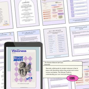 May include: A digital tablet shows a "Wellness Journal" for "Student Midwife." The cover has a baby with butterfly wings and the word "era." Other pages include checklists, journal prompts, and self-care guides. A "Student Favorite" sticker is visible.