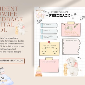 Puede incluir: Herramienta digital de retroalimentación para estudiantes de partería con una linda ilustración de elefante. La plantilla incluye secciones para el nombre, el lugar de estudio y la satisfacción con la atención. También hay espacio para comentarios.