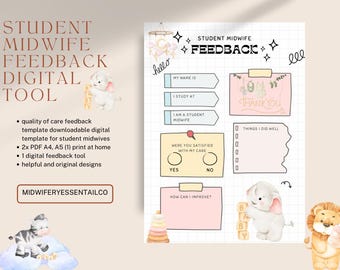 May include: Digital student midwife feedback tool with a cute elephant illustration. The template includes sections for name, study location, and satisfaction with care. It also has space for feedback and improvement suggestions.