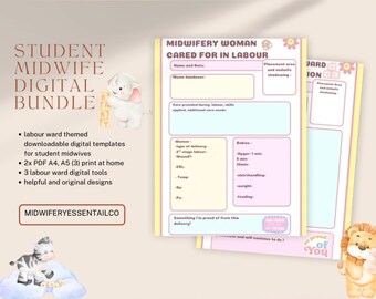 May include: Student midwife digital bundle with labor ward themed templates. Includes 2x PDF A4, A5 print at home, and 3 labor ward digital tools. The image shows a form titled "Midwifery Woman Cared For In Labour".