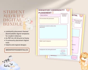 May include: Digital bundle for student midwives, featuring community placement templates. Includes 2x PDF A4, A5 printables and 4 digital tools. The design includes a baby elephant, zebra, and lion illustrations. The text reads "Student Midwife Digital Bundle".