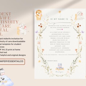 Può includere: Un modello digitale per studenti ostetrici, con un design floreale e illustrazioni di animali. Il modello include il testo "Student Midwife Continuity of Care Digital Tool" e "Hi My Name Is".