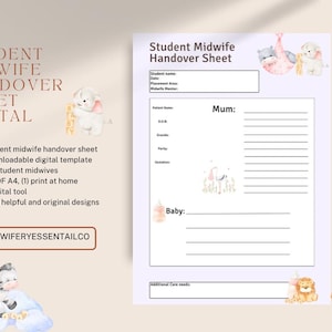 May include: A digital student midwife handover sheet with a light purple background. The sheet includes sections for patient information and baby details, with illustrations of baby animals. Text on the left side reads "Student Midwife Handover Sheet Digital".