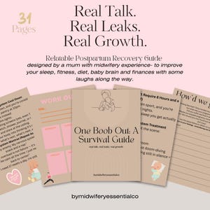 Könnte beinhalten: Ein Postpartum-Erholungsratgeber mit dem Titel "One Boob Out: A Survival Guide" mit dem Text "Real Talk. Real Leaks. Real Growth." Der Ratgeber wurde von einer Mutter mit Hebammen-Erfahrung entworfen. Das Cover ist beige mit rosa Akzenten und Illustrationen.