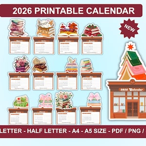 Puede incluir: Una colección de calendarios imprimibles de 2026 con diseños temáticos de libros. La imagen presenta varios diseños de calendario con pilas de libros, arreglos florales y una ilustración de librería. El texto dice "2026 Printable Calendar" y "New".