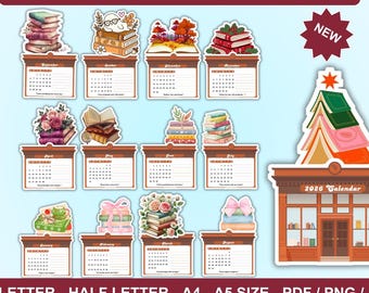 May include: A collection of 2026 printable calendars with book-themed designs. The image features various calendar layouts with stacks of books, floral arrangements, and a bookstore illustration. The text reads "2026 Printable Calendar" and "New".