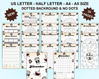 November Journal Bundle - Pre-Coloured, PRINTABLE Journal Page, Digital Planner Pages, Letter A4 Size, Sunday Monday Start, Digital Download
