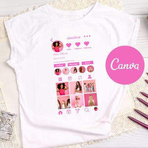 Modello di design personalizzato per maglietta Instagram, T-shirt con codice QR modificabile su Canva, Kit di branding per influencer, T-shirt "Scansiona per seguire", Download digitale